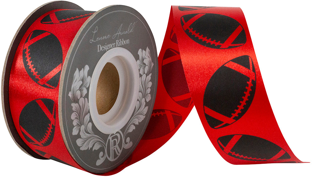 Homecoming Matte Footballs Cooler Ribbon –- Red / Black Color -- 1⅜" x 25 Yards