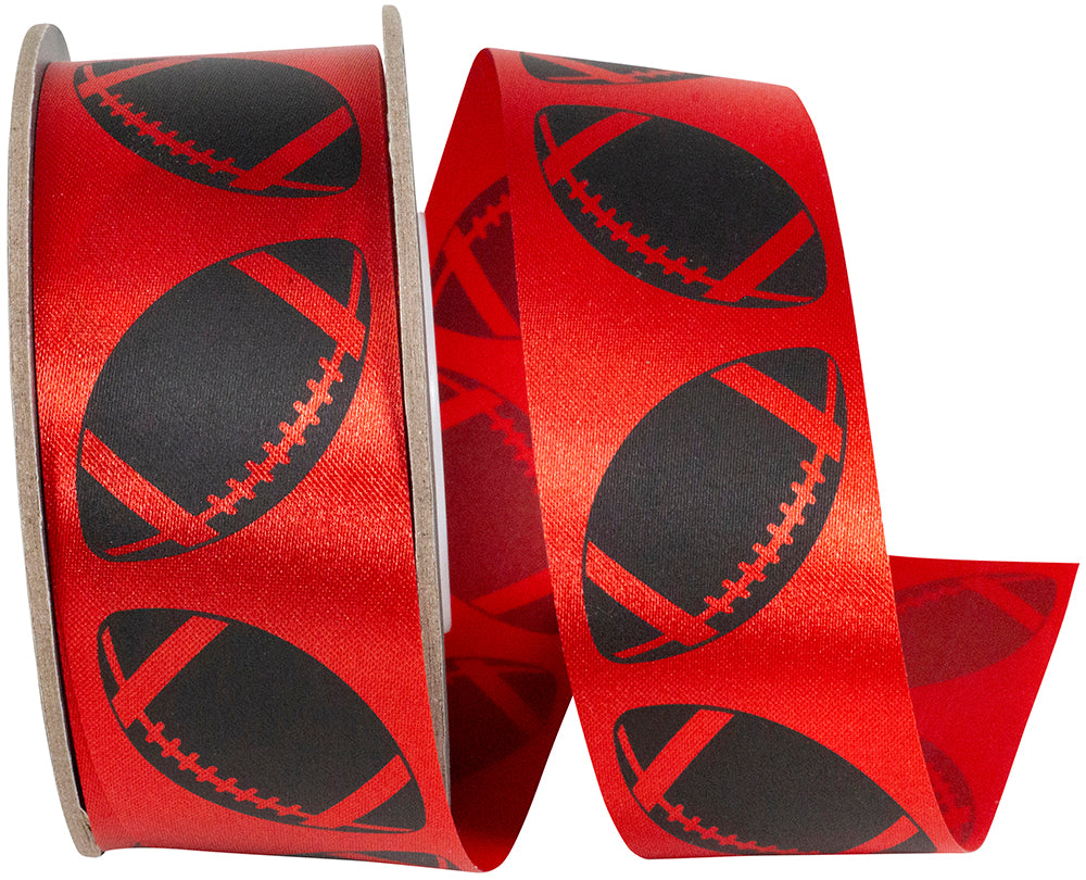 Homecoming Matte Footballs Cooler Ribbon –- Red / Black Color -- 1⅜" x 25 Yards