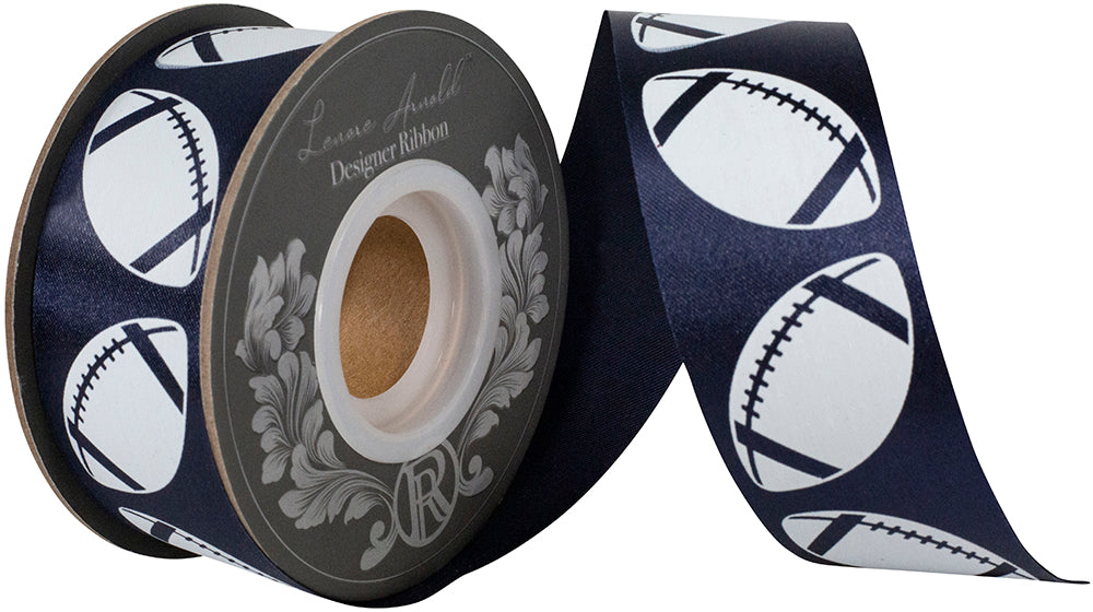 Homecoming Matte Footballs Cooler Ribbon –- Navy / White Color -- 1⅜" x 25 Yards