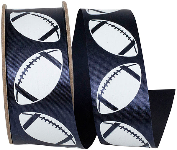 Homecoming Matte Footballs Cooler Ribbon –- Navy / White Color -- 1⅜" x 25 Yards
