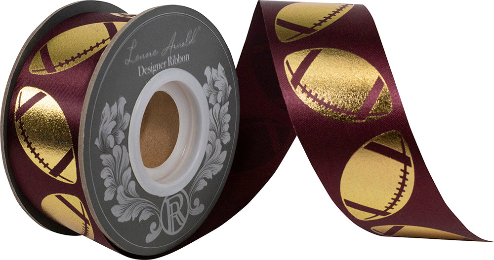 Homecoming Metallic Footballs Cooler Ribbon –- Burgundy / Gold Color -- 1⅜" x 25 Yards