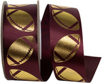 Load image into Gallery viewer, Homecoming Metallic Footballs Cooler Ribbon –- Burgundy / Gold Color -- 1⅜&quot; x 25 Yards
