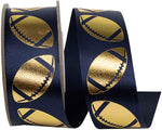 Load image into Gallery viewer, Homecoming Metallic Footballs Cooler Ribbon –- Navy / Gold Color -- 1⅜" x 25 Yards
