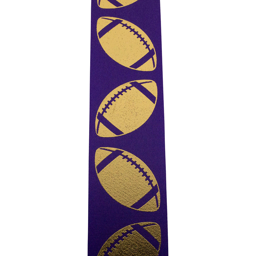 Homecoming Metallic Footballs Cooler Ribbon –- Purple / Gold Color -- 1⅜" x 25 Yards