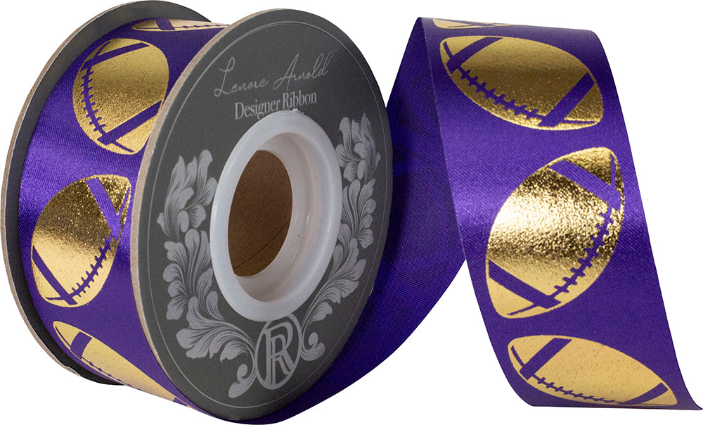 Homecoming Metallic Footballs Cooler Ribbon –- Purple / Gold Color -- 1⅜" x 25 Yards