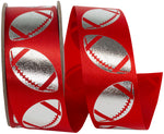 Load image into Gallery viewer, Homecoming Metallic Footballs Cooler Ribbon –- Red / Silver Color -- 1⅜" x 25 Yards
