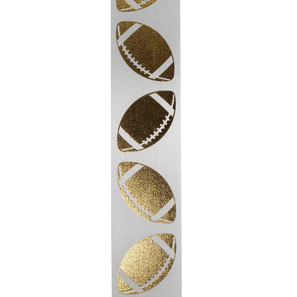 Homecoming Metallic Footballs Cooler Ribbon –- White / Gold Color -- 1⅜" x 25 Yards