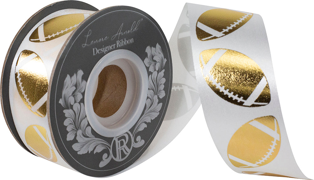 Homecoming Metallic Footballs Cooler Ribbon –- White / Gold Color -- 1⅜" x 25 Yards