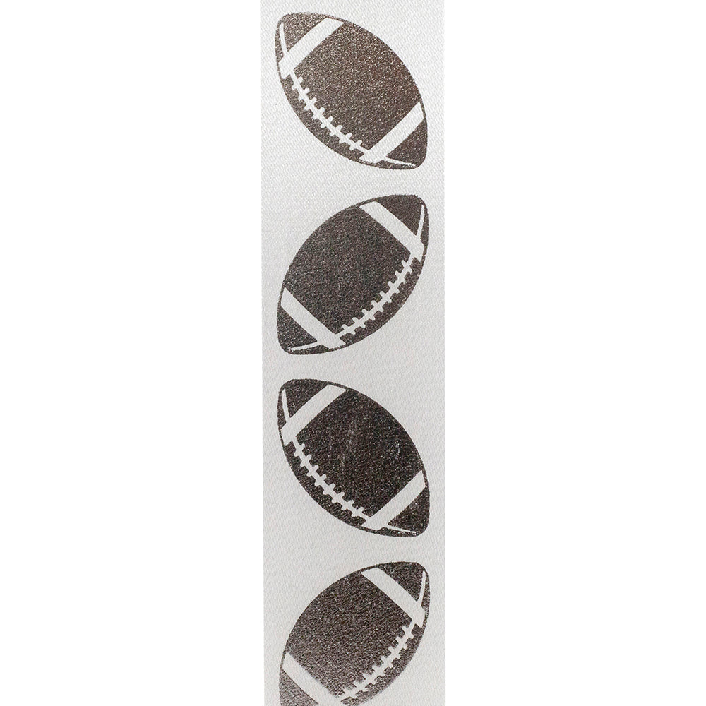 Homecoming Metallic Footballs Cooler Ribbon –- White / Silver Color -- 1⅜" x 25 Yards