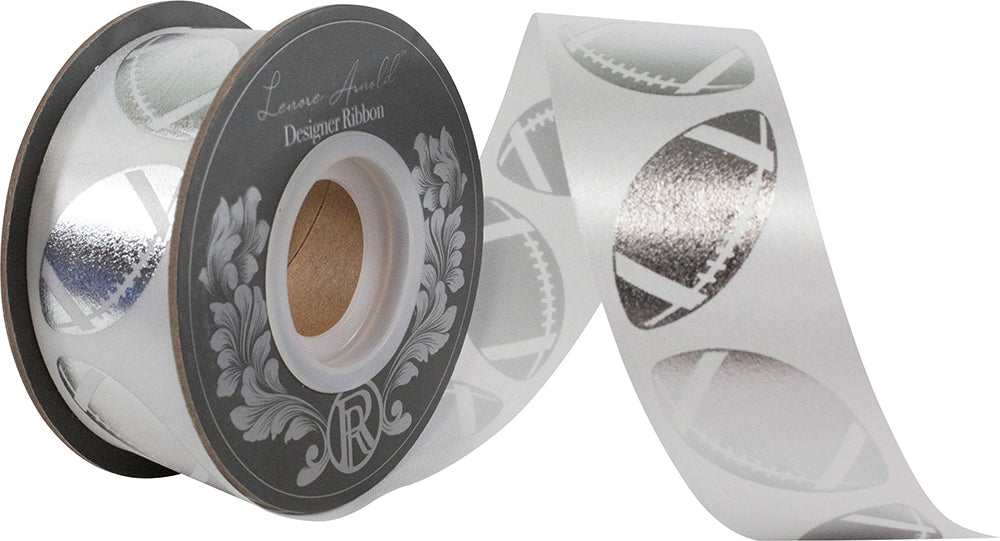 Homecoming Metallic Footballs Cooler Ribbon –- White / Silver Color -- 1⅜" x 25 Yards