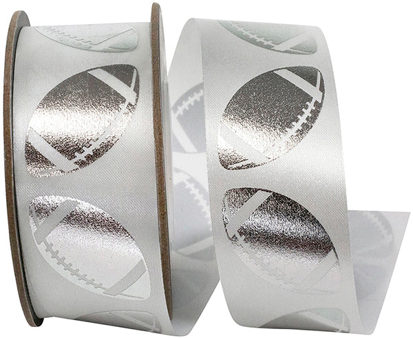 Homecoming Metallic Footballs Cooler Ribbon –- White / Silver Color -- 1⅜" x 25 Yards