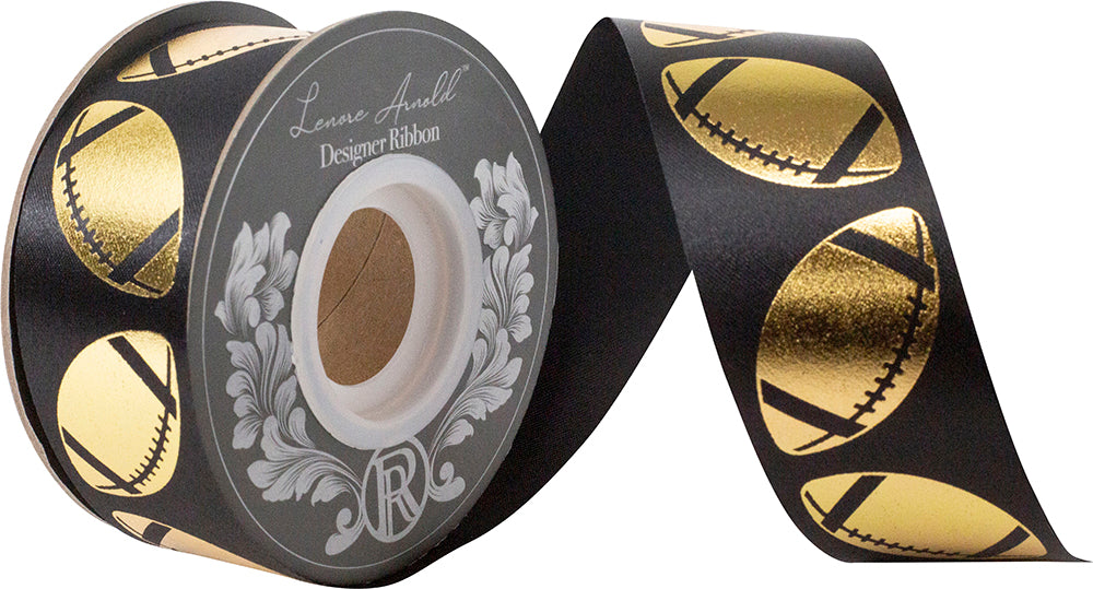 Homecoming Metallic Footballs Cooler Ribbon –- Black / Gold Color -- 1⅜" x 25 Yards