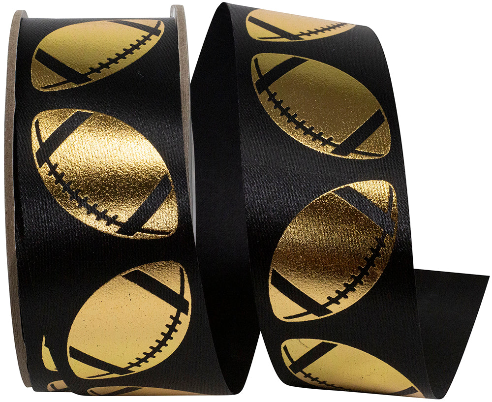 Homecoming Metallic Footballs Cooler Ribbon –- Black / Gold Color -- 1⅜" x 25 Yards