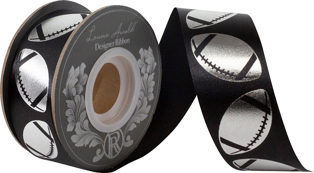 Homecoming Metallic Footballs Cooler Ribbon –- Black / Silver Color -- 1⅜" x 25 Yards