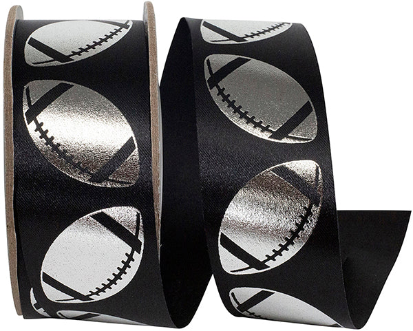 Homecoming Metallic Footballs Cooler Ribbon –- Black / Silver Color -- 1⅜" x 25 Yards