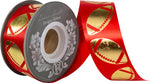 Load image into Gallery viewer, Homecoming Metallic Footballs Cooler Ribbon –- Red / Gold Color -- 1⅜" x 25 Yards
