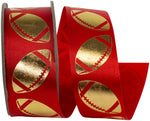 Load image into Gallery viewer, Homecoming Metallic Footballs Cooler Ribbon –- Red / Gold Color -- 1⅜" x 25 Yards
