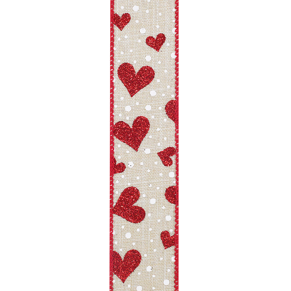 Valentine's Ribbon --- 20 yards --- 1 ½ inches -- Heart Glitter & Dots Linen Wired Edge