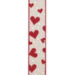 Load image into Gallery viewer, Valentine&#39;s Ribbon --- 20 yards --- 1 ½ inches -- Heart Glitter &amp; Dots Linen Wired Edge
