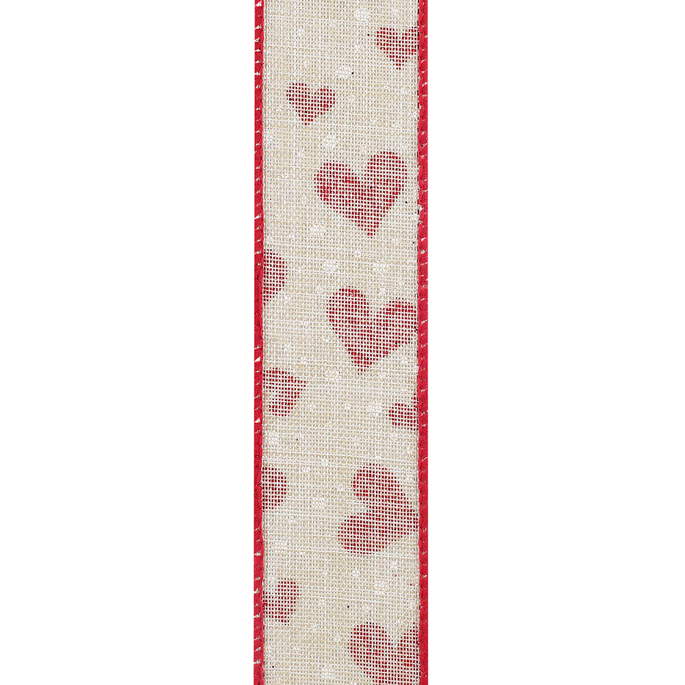 Valentine's Ribbon --- 20 yards --- 1 ½ inches -- Heart Glitter & Dots Linen Wired Edge