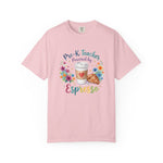Load image into Gallery viewer, Pre-K Teacher Powered by Espresso T-Shirt — Cute Coffee &amp; Croissant Teacher Tee
