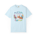 Load image into Gallery viewer, Pre-K Teacher Powered by Espresso T-Shirt — Cute Coffee &amp; Croissant Teacher Tee
