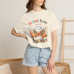 Load image into Gallery viewer, 1st. Grade Teacher Powered by Espresso T-Shirt — Cute Coffee &amp; Croissant Teacher Tee
