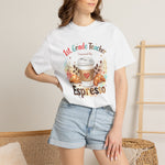 Load image into Gallery viewer, 1st. Grade Teacher Powered by Espresso T-Shirt — Cute Coffee &amp; Croissant Teacher Tee
