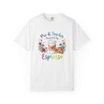 Load image into Gallery viewer, Pre-K Teacher Powered by Espresso T-Shirt — Cute Coffee &amp; Croissant Teacher Tee
