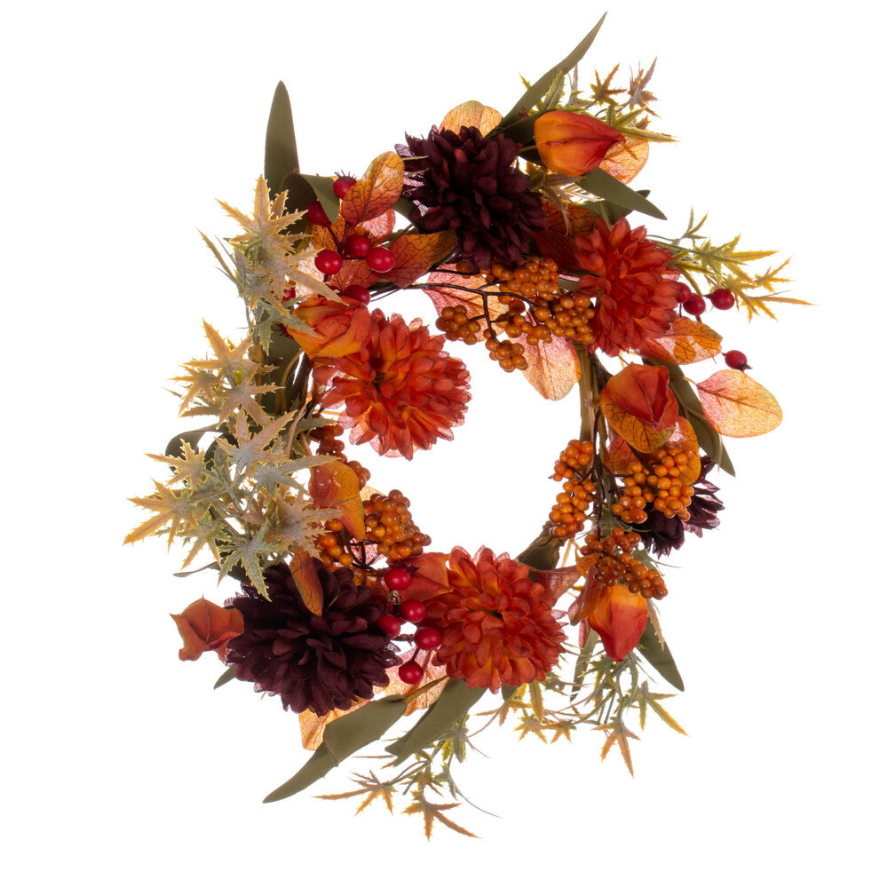 Orange / Burgundy Artificial Mum Lantern Wreath by Vickerman® --- Various Sizes