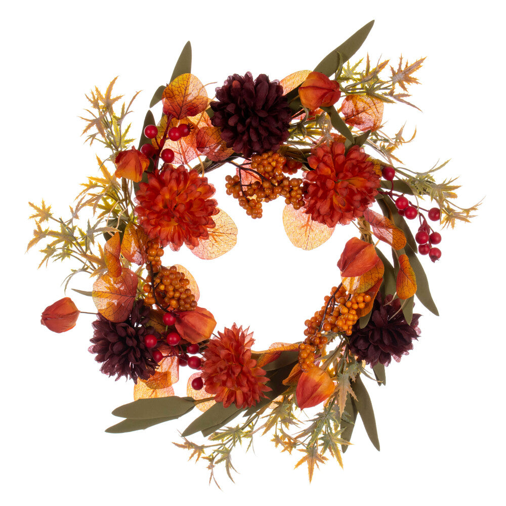 Orange / Burgundy Artificial Mum Lantern Wreath by Vickerman® --- Various Sizes