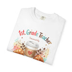 Load image into Gallery viewer, 1st. Grade Teacher Powered by Espresso T-Shirt — Cute Coffee &amp; Croissant Teacher Tee
