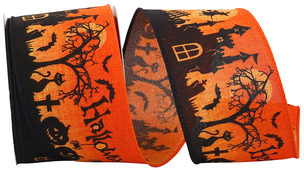 10 yards --- 2 ½ inch -- Halloween Street Scene Wired Edge Ribbon