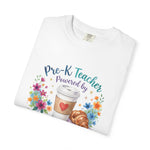 Load image into Gallery viewer, Pre-K Teacher Powered by Espresso T-Shirt — Cute Coffee &amp; Croissant Teacher Tee
