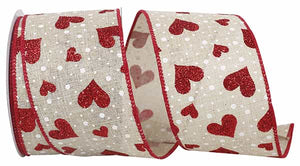 Valentine's Ribbon --- 10 yards --- 2 ½ inches -- Heart Glitter & Dots Linen Wired Edge