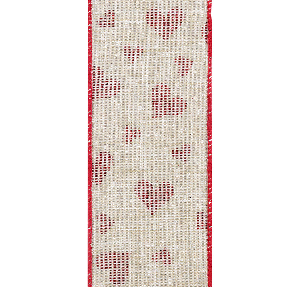 Valentine's Ribbon --- 10 yards --- 2 ½ inches -- Heart Glitter & Dots Linen Wired Edge