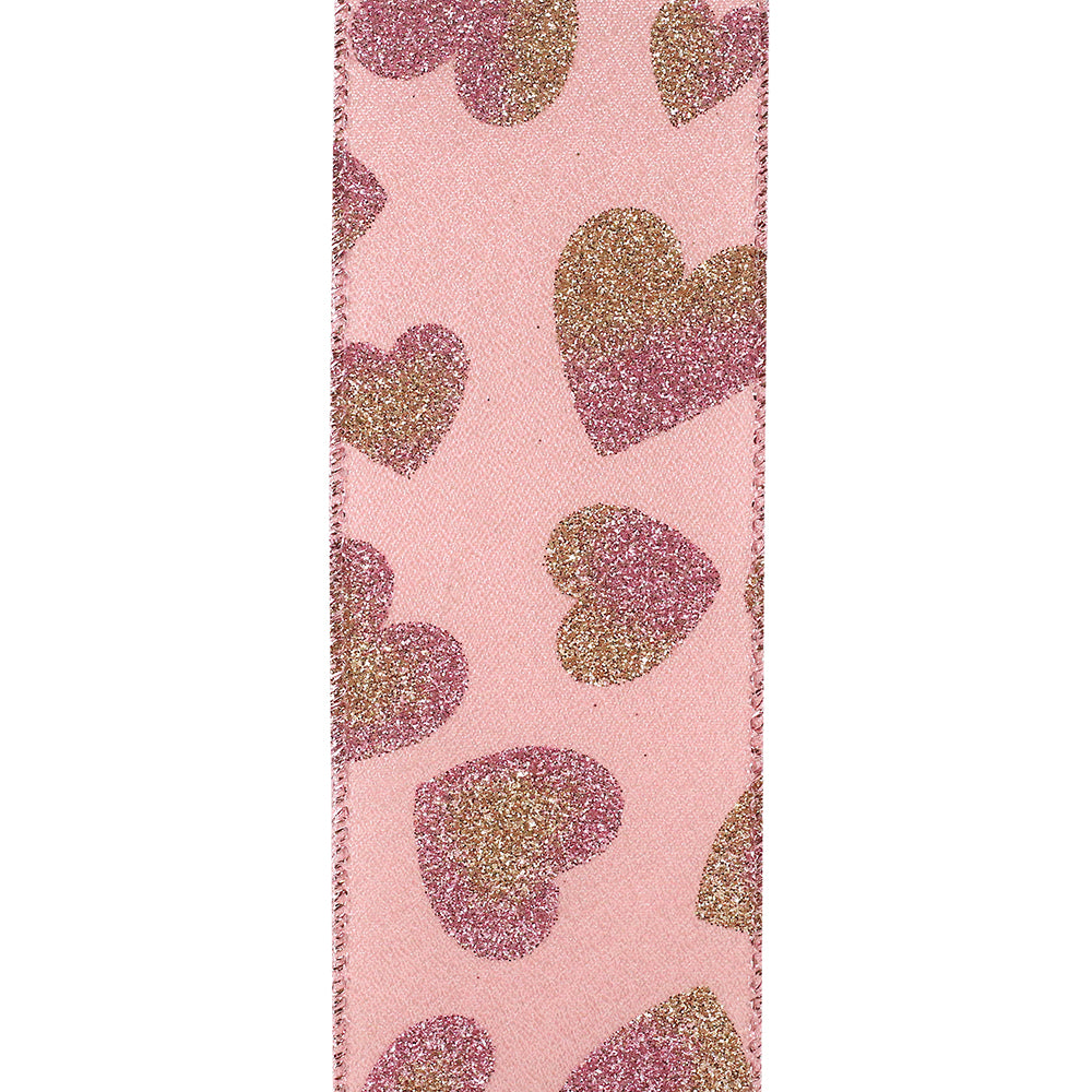 Valentine's Ribbon --- 10 yards --- 2 ½ inch -- Glitter Pink Two Tone Hearts Sheen Wired Edge Ribbon