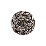 Load image into Gallery viewer, A detailed close-up of a 12mm silver Fern Nylon button, showcasing a swirling botanical leaf pattern in an elegant, metallic finish.
