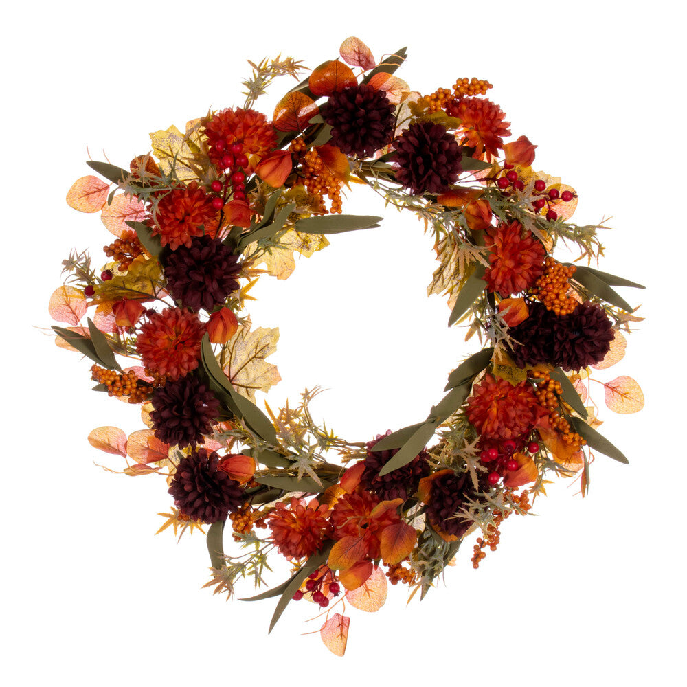 Orange / Burgundy Artificial Mum Lantern Wreath by Vickerman® --- Various Sizes