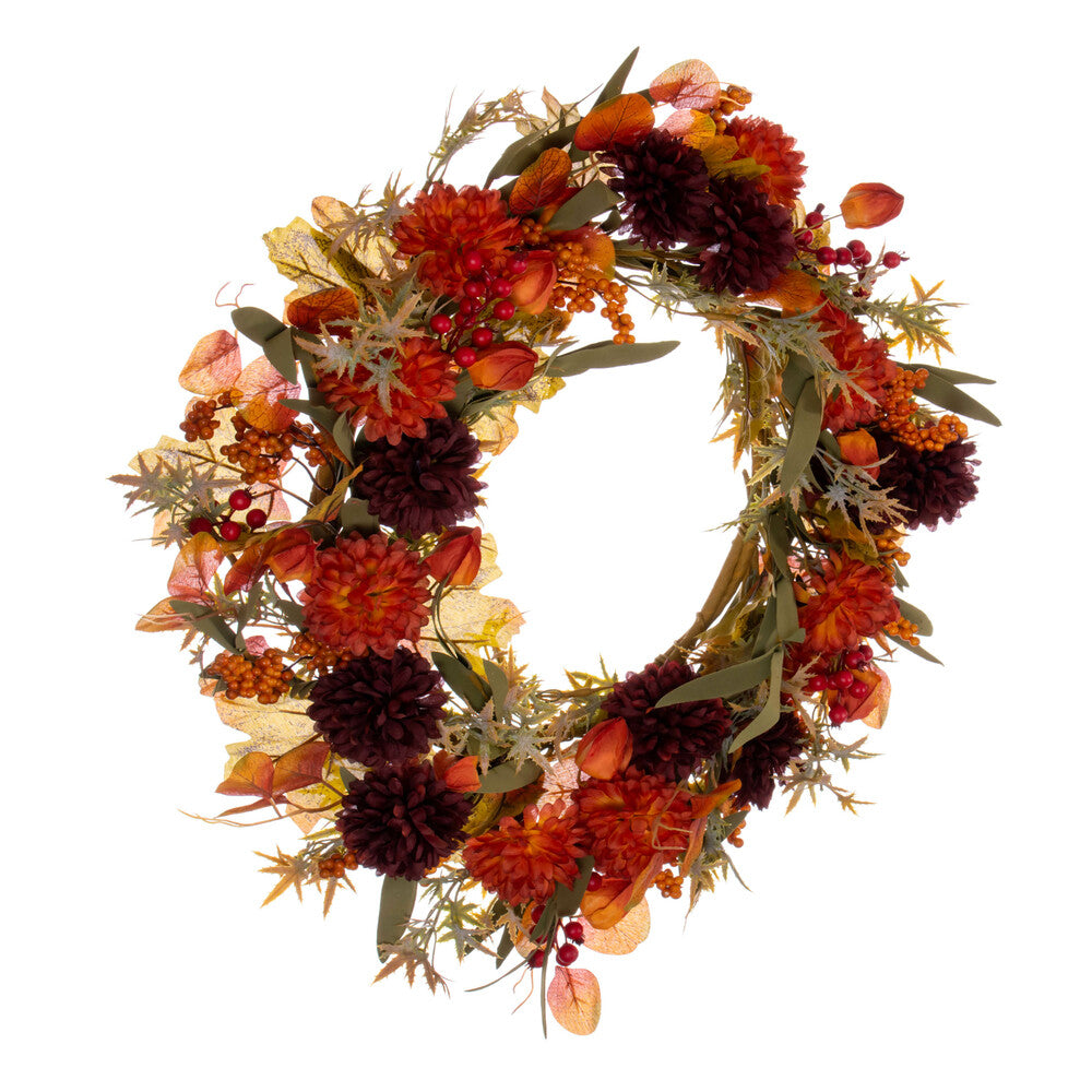 Orange / Burgundy Artificial Mum Lantern Wreath by Vickerman® --- Various Sizes