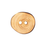 Load image into Gallery viewer, Oak Brown Natural Wooden 2-Hole Button in 24L 15mm showing visible tree-ring grain patterns and a dark outer edge
