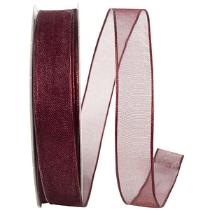 Corsage Ribbons ---  5/8 inch x 25 yards ---  Elegant Woven Sheer Wired Edge Ribbon -- Burgundy Color