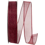 Load image into Gallery viewer, Corsage Ribbons ---  5/8 inch x 25 yards ---  Elegant Woven Sheer Wired Edge Ribbon -- Burgundy Color
