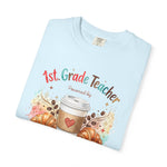Load image into Gallery viewer, 1st. Grade Teacher Powered by Espresso T-Shirt — Cute Coffee &amp; Croissant Teacher Tee
