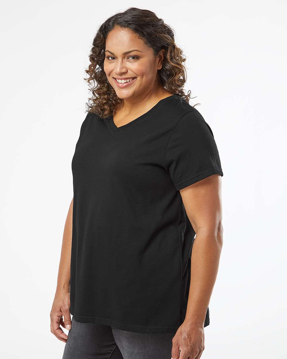 Ladies Curvy (V-Neck) -- Fine Jersey T-shirt --  Blended Black Color