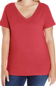 Ladies Curvy (V-Neck) -- Fine Jersey T-shirt --  Vintage Red Color