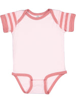 Load image into Gallery viewer, Short Sleeve -- Baby Onesie / Bodysuit -- 100% Cotton -- Light Pink / Mauvelous Stripes Sleeves

