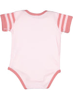 Load image into Gallery viewer, Short Sleeve -- Baby Onesie / Bodysuit -- 100% Cotton -- Light Pink / Mauvelous Stripes Sleeves
