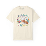 Load image into Gallery viewer, Pre-K Teacher Powered by Espresso T-Shirt — Cute Coffee &amp; Croissant Teacher Tee
