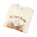 Load image into Gallery viewer, 1st. Grade Teacher Powered by Espresso T-Shirt — Cute Coffee &amp; Croissant Teacher Tee
